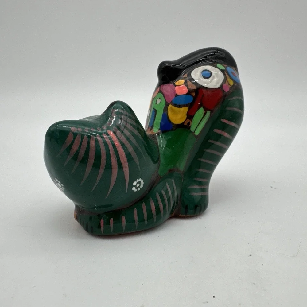 Cat Kitten Figurine Crouching Mexican Artist Red Clay Hand Painted Colorful CUTE
